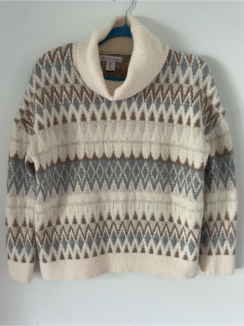 London Kaye Cozy Neutral Fair Isle Cowl Neck Pullover Sweater
